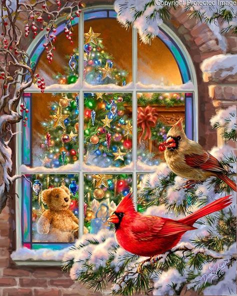 Artist  Dona Gelsinger   Phoenix ,Arizona Dona Gelsinger, Christmas Blessings, Cardinal Birds, Outdoor Flags, Christmas Window, Christmas Snow, Noel Christmas, Christmas Paintings, 5d Diamond Painting