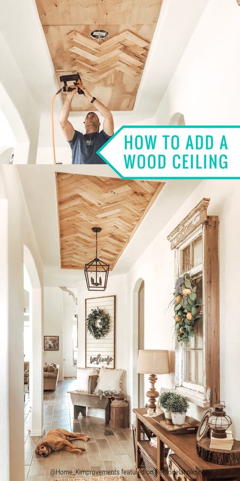 Tray Ceiling Ideas, Farmhouse Entry, Herringbone Wood, Wood Ceiling, Small Hallway, Entry Hallway, Tray Ceiling, Hus Inspiration, Wood Ceilings