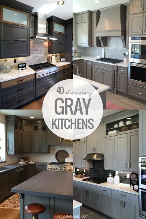 40 Stunning All Gray Kitchens with Gray Kitchen Cabinets | This collection of gray kitchens features dark gray cabinets, light gray cabinets, two tone wood and gray cabinets, plus 35 more gray and white kitchen cabinets. #remodelaholic #graykitchen #gray #grey #kitchendesign Gray Kitchen Cabinets With Wood Island, Dark Grey Kitchen Walls White Cabinets, Kitchen Inspo Grey Cabinets, Grey Kitchen Cabinets Black Appliances, Gray Kitchen Cabinets With Dark Floors, Grey Kitchen Cabinets With Black Counter, Gray Cabinets Dark Countertops, Grey Cabinets Wood Island, Grey Kitchen Cabinets Butcher Block Counter Tops