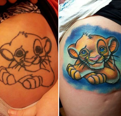 10+ Creative Cover-Up Tattoo Ideas That Show A Bad Tattoo Is Not The End Of Life Tattoo Artist Quotes, Japanese Tattoo Artist, Lion King Tattoo, Tattoo Artists Near Me, King Tattoo, Henna Inspired Tattoos, Cartoon Tattoo, Hand Tattoos For Girls, Bunny Tattoos