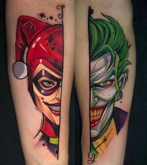 Batman Harley quinn and Joker leg tattoo Harley And Joker Tattoo Couple, Harley Quinn And The Joker Tattoo, Joker And Harley Quinn Tattoo Couples, Harley Quinn And Joker Tattoo, Haha Tattoo, Joker And Harley Quinn Tattoo, Husband And Wife Tattoos Unique, Meaningful Couple Tattoos, Joker And Harley Tattoo