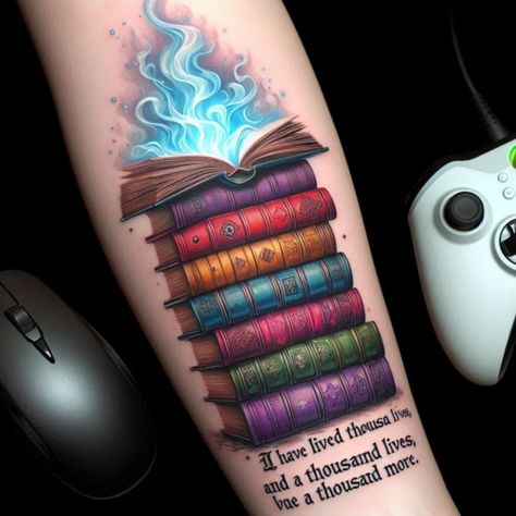 Book Tattoos Ideas, Fairy Tale Tattoo Ideas, Unique Book Tattoos, Story Book Tattoo, Magic Book Tattoo, Knowledge Tattoo Ideas, Book Related Tattoos, Stack Of Books Tattoo, Book Dragon Tattoo