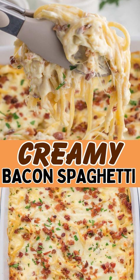 Chicken Bacon Peas Pasta, Nice Easy Dinners, Spaghetti Bacon Recipes, Easy Dinners With Bacon, Potluck Meals For Work, Spaghetti Noodle Dinner Ideas, Dinner Idea With Bacon, Supper On A Budget, Fall Comfort Dinners