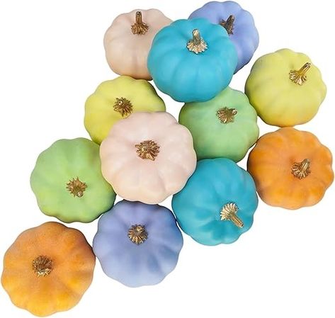 Amazon.com: Winlyn 12 Pcs Assorted Small Artificial Pastel Pumpkins Rustic Harvest Decorative Pumpkins in Orange Green Yellow Teal Purple Pink for Fall Autumn Wedding Baby Shower Thanksgiving Halloween Décor : Home & Kitchen Fall Harvest Wedding, Fall Tray Decor, Pastel Pumpkins, Harvest Wedding, Halloween Table Centerpieces, Fall Tray, Decorative Pumpkins, Artificial Pumpkins, Foam Pumpkins