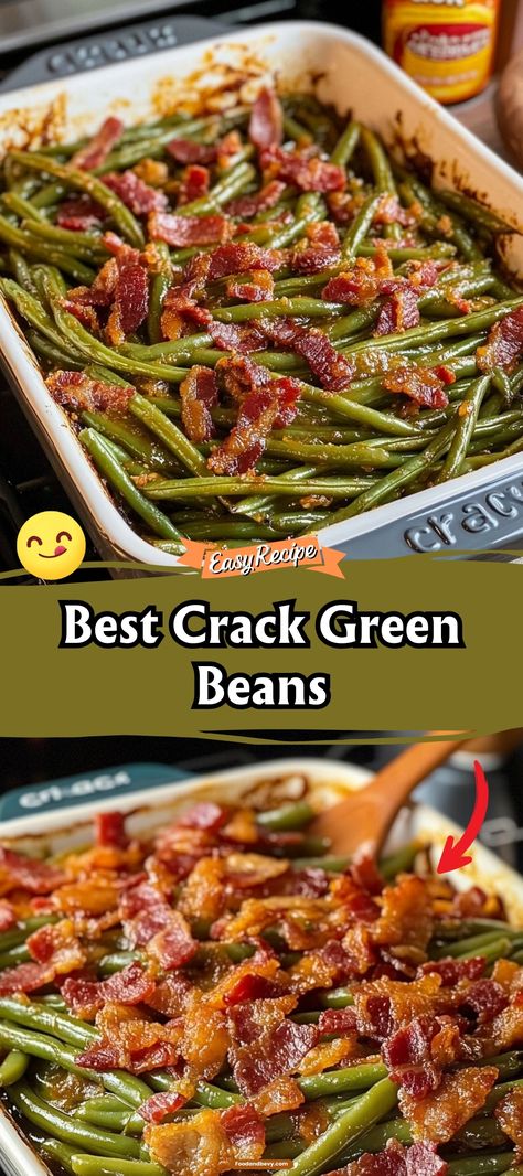 Add a kick to your side dishes with Crack Green Beans, seasoned with bacon, brown sugar, and a hint of garlic. These beans are so addictive, you’ll find them disappearing fast at any dinner or potluck. They’re a savory, sweet, and irresistible addition to any meal. #GreenBeans #SavorySides #PotluckFavorites Bacon Greenbean Casserole, Baked Sweet And Savory Green Beans, Crock Pot Green Beans With Bacon Brown Sugar, Bacon Cheddar Green Bean Casserole, Green Beans Casserole With Bacon, Cheesy Green Bean Casserole With Bacon, Green Bean And Bacon Side Dish, Green Bean Ideas Side Dishes, Cracked Green Bean Casserole