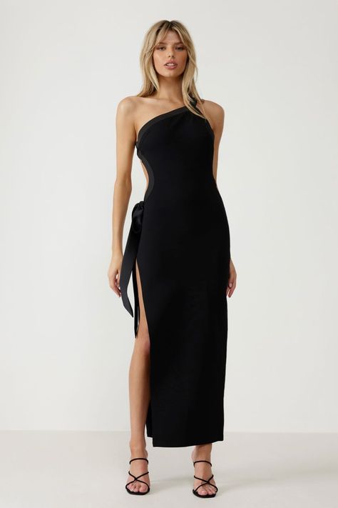 Black Dresses & Accessories - For Hire | All The Dresses Black Dress Accessories, Asymmetric Neckline, Dress Rental, Dress Home, Satin Bow, Black Dresses, Black Media, Top Trends, White Tops