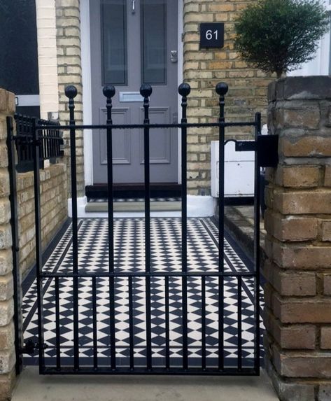 Metal Pedestrian Gate , Side Gate - Etsy Forecourt Ideas, Victorian Restoration, Front Garden Path, Victorian Mosaic Tile, Victorian Front Garden, Peckham London, Victorian Front Doors, Garden Railings, Metal Garden Gates