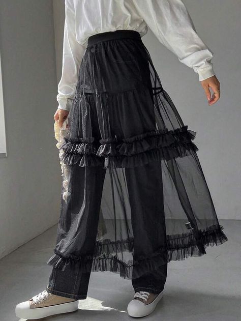 Ruffle Skirts, Overlay Skirt, Sheer Skirt, Layering Outfits, Mesh Overlay, Fall Skirts, Gothic Outfits, Ruffle Trim, Skirt Fashion