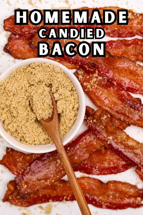 This easy Candied Bacon recipe is the perfect combination of salty and sweet, and is just as good for snacking as it is for layering on juicy burgers and sandwiches. Best of all? It's made with just 3 simple ingredients and ready in just 20 minutes! Candied Bacon Deviled Eggs, Candied Bacon Recipe, Easy Bacon Recipes, Bacon Treats, Perfect Bacon, Oven Baked Bacon, Sandwiches Wraps, Bacon Deviled Eggs, Bacon Recipe