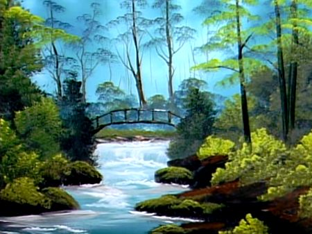 Secluded Bridge - The Joy of Painting S10E4 Bob Ross Painting Videos, Bob Ross Landscape, Bob Ross Art, Bali Painting, Bridge Painting, Bob Ross Paintings, Art Program, Bed Rail, The Joy Of Painting