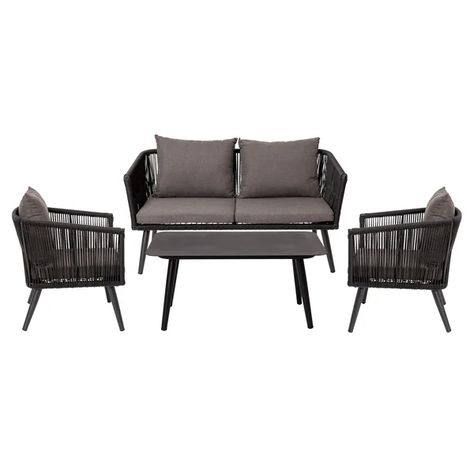 Black All-Weather 4-Piece Woven Conversation Set With Grey Zippered Removable Cushions And Metal Coffee Table Target Patio Furniture, Black Loveseat, Deck Seating, Outdoor Seating Set, Aluminum Patio, Easy Entertaining, High Maintenance, Metal Coffee Table, Grey Cushions