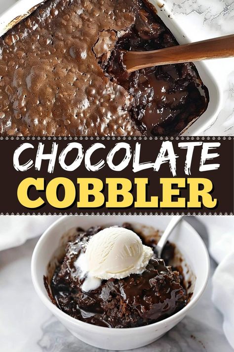 This indulgent chocolate cobbler is like a cross between a fudgy brownie and molten lava cake. It's pure decadence in every bite, and I know you'll love it. Old Fashioned Chocolate Cobbler, Chocolate Cobbler Easy Cake Mixes, Chocolate Molten Cake Recipe, Gluten Free Chocolate Cobbler, Easy Simple Chocolate Desserts, Crockpot Molten Lava Cake, Chocolate Jello Pudding Recipes, Chocolate Cobbler Easy, Quick Chocolate Dessert Recipes