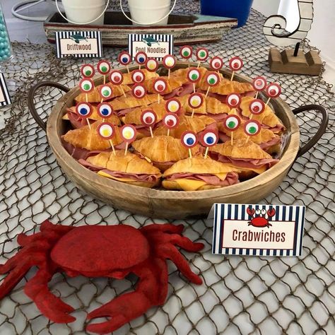 shark party crab sandwiches Crab Party Food, Crab Shaped Food, Ocean Theme Appetizers, Crab Themed Food, Crab Fest Party Ideas, Crab Theme Birthday Party, Crab Party Ideas, Crab Themed Party, Crab Birthday Party Ideas