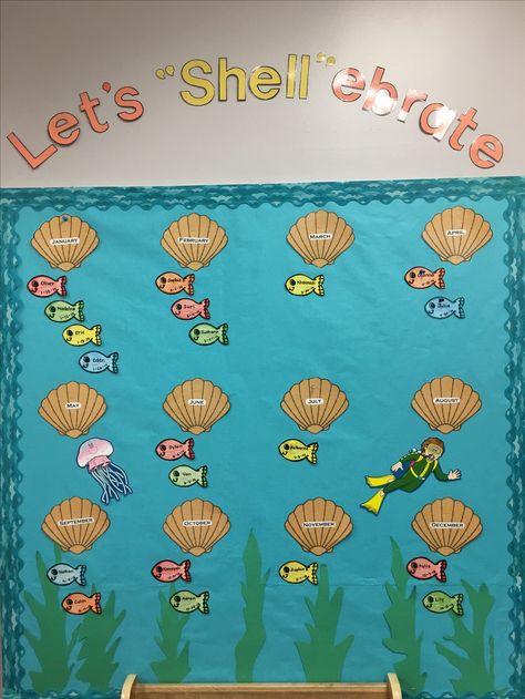 "LET'S "SHELL"EBRATE " 🐚BIRTHDAY BOARD  #Ocean #OceanTheme  #Preschool Ocean Theme Classroom Birthday Bulletin, Birthday Boards For Classroom, Ocean Birthday Bulletin Board, Ocean Theme Birthday Chart, Birthday Display In Classroom Preschool, Ocean Theme Birthday Board, Ocean Board Preschool, Birthday Board Classroom Ideas, Ocean Theme Preschool Decorations