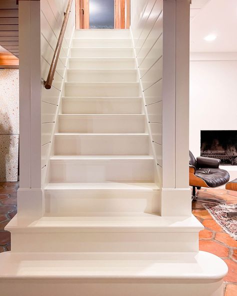 Stairs Painted White, Modern Basement Ideas, Modern Farmhouse Staircase, Painted Staircase, Basement Staircase, My First Summer, Stairs Makeover Ideas, Basement Steps, Make A Fire