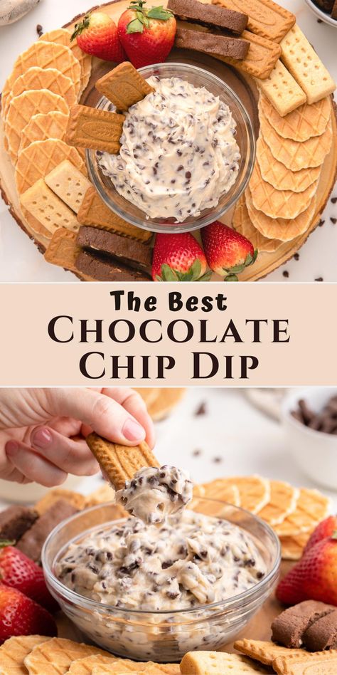 chocolate chip dip in a serving bowl and with a cookie. Sweet Crockpot Dip, Good Finger Food Desserts, Chocolate Chip Fruit Dip, Chocolate Chip Dip With Graham Crackers, Fall Cookie Dip, Game Day Dessert Dips, Desert Dip Charcuterie Board, Chocolate Chip Cheeseball Dip, Easy Charcuterie Board Dips