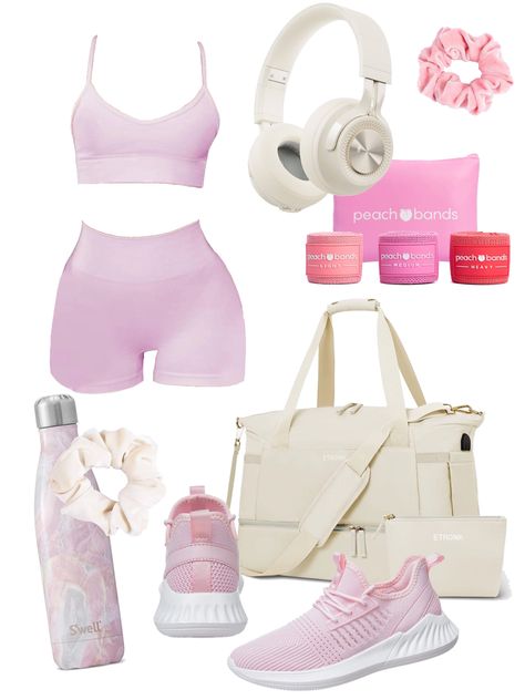 Light pink two piece bra and biker shorts active set, cream colored velvet scrunchie, light pink colored velvet scrunchie, light beige multipocket large zip tote bag for travel and gym, light pink running tennis shoes with a white rubber sole, tall pink and purple and white swell water bottle, peach bootybands with a pink carrying bag comes in pack of three, cream colored large hadphones, cute outfit, barbie core outfit laid out on a white 4x5 background Pink Gym Shoes, Pink Running Shoes Outfit, Workout Outfits Pink, Pink Biker Shorts Outfit, Netball Outfits, Pink Gym Outfit, Girly Workout, Shorts Workout Outfit, Pink Workout Outfit