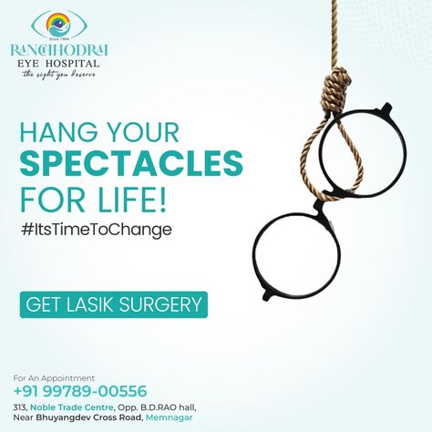 HANG YOUR SPECTACLES FOR LIFE! #ItsTimeToChange Get lasik surgery at Ranchhodrai eye hospital #ranchhodrai #eyehospital #eyecare #spectacles #lasik #lasiksurgery #eyedoctor #ahmedabad Lasik Eye Surgery, Lasik Surgery, Eye Hospital, It's Time To Change, Eye Surgery, Eye Doctor, Ahmedabad, Eye Care, Spectacles