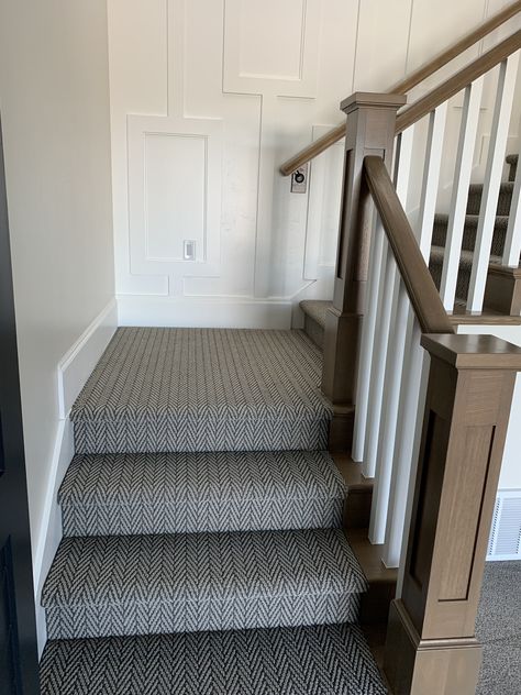 AT (Anderson Tuftex) on Stairs  in Only Natural. Thanks to Chandler Belliston from Westco in Orem, Utah for sharing. Chevron Carpet Stairs, Full Carpet Stairs, Plaid Carpet On Stairs, Anderson Tuftex Carpet, Patterned Carpet On Stairs, Stairway Carpet, Patterned Stair Carpet, Carpet Staircase, Orem Utah