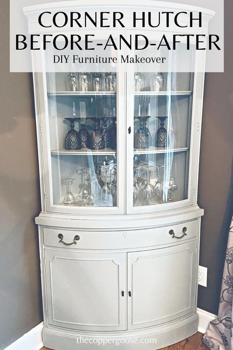 This scratched and mildewed corner hutch was easily transformed into a beautiful, functional storage piece in just a few hours using Good Bones Paint – no priming or sealing required! Check out the before-and-after… refurnibshed furniture // hutch ideas // cabinet makeover // how to paint furniture // painted furniture ideas // thrifted furniture // vintage furniture // painted furniture tutorial #furnitureflip #furnituremakeover Painting Hutch Ideas, Corner China Cabinet Makeover, Corner Curio Cabinet Makeover, Hutch Makeover Coffee Bar, Coffee Bar Hutch Ideas, Corner Hutch Makeover, Corner Cabinet Makeover, Hutch Makeover Diy, Corner Cabinet Dining Room