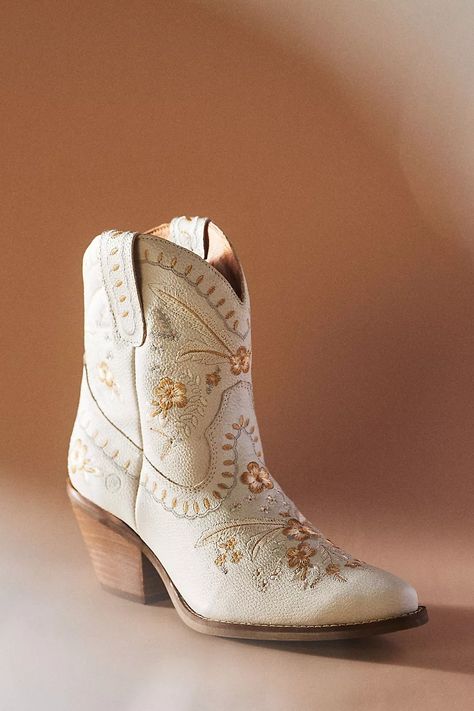 Dingo 1969 Primrose Leather Booties | Anthropologie Wedding Vintage Boots, Bridal Boots Lulus, Mother Of Bride Boots, Bride In Ankle Boots, Ankle Boots Bride, Cute Wedding Dresses Country Cowgirl Boots, Fancy Wedding Boots, Bridal Cowboy Boots, Proposal Outfit