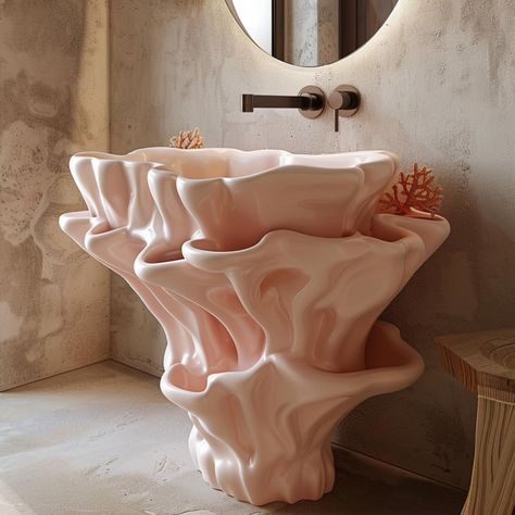 Coral shaped bathroom basins are exquisite fixtures that bring a touch of nature’s beauty into bathroom design. Inspired by the delicate and intricate structures of coral reefs, these basins often feature flowing, organic lines and textures that evoke the underwater world. Crafted from materials like ceramic, glass, or stone, coral shaped bathroom basins not only enhance the aesthetics of the space but also offer practical functionality. They can be found in various colors and finishes, from ... Organic Shape Interior Design, Organic Shape Furniture Design, Coral Reef Bathroom, Coral Inspired Architecture, Organic Design Interior, Organic Forms Design, Coral Ceramics, Organic Shapes In Nature, Furniture Inspired By Nature