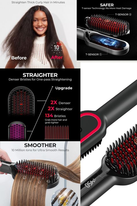 TYMO Hair Straightener Brush - Upgraded Ionic Plus Straightening Brush with Dense Bristles, 16 Temps, Dual Voltage | Heat Brush Straightener for Women | Flat Iron Comb for Thick Curly Hair Tymo Hair Straightener Brush, Tymo Hair, Curly Hair Designs, Heat Brush, Brush Straightener, Hair Straightener Brush, Straightener Brush, Thick Curly Hair, Hair Brush Straightener