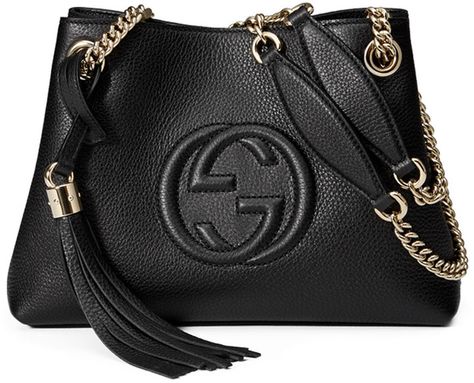 Gucci Soho Small Leather Tote Bag w/ Chain Straps, Black and tassel.  So Classic and gorgeous! Gucci Soho Bag, Gucci Soho, Gucci Purses, Gucci Tote Bag, Leather Tote Purse, Genuine Leather Totes, Lv Bags, Leather Handbags Tote, Handbag Black