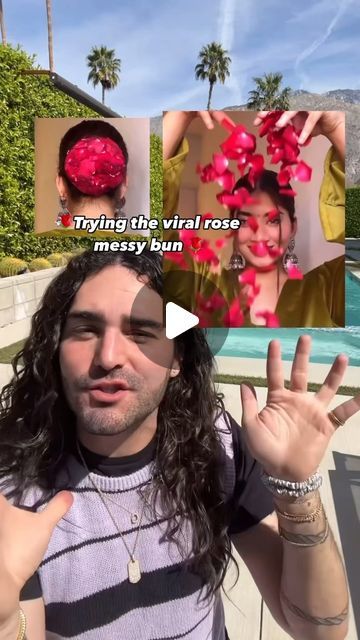 Matt Newman on Instagram: "#messybun instagram is a truly magical and imaginative place🌹🌹 @theriaaminnn this is SO CUTE 🌹🌹 #flowercrown #hairideas #hairstyle #instahair would u wear a rose pedal bun🌹🤔?!" Rose Flower Hairstyle, Bun Hairstyle With Rose, Bun Hairstyles With Flowers, Buns With Flowers, Rose Bun Tutorial, Rose Hairstyles Tutorial, Hair Bun With Flowers, Rose Bun Hairstyle, Rose Bun Hairstyle Tutorial