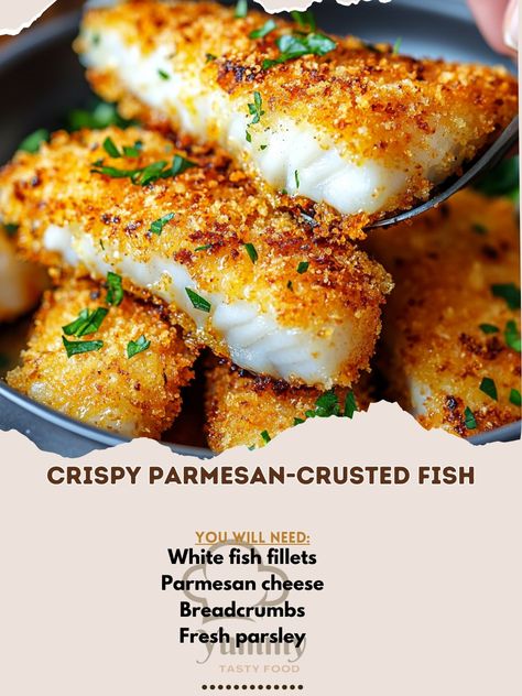 🧀🐟 Elevate your fish game with Crispy Parmesan-Crusted Fish—golden, cheesy perfection that’s irresistibly crunchy! #ParmesanFish #FishLovers Crispy Parmesan-Crusted Fish Ingredients: White fish fillets (4) Parmesan cheese, grated (1/2 cup) Breadcrumbs (1/2 cup) Fresh parsley, chopped (2 tbsp) Garlic powder (1 tsp) Salt (1/2 tsp) Black pepper (1/4 tsp) Egg (1, beaten) Olive oil (for frying) Instructions: Mix parmesan, breadcrumbs, parsley, garlic powder, salt, and pepper. Dip fish fillets ... Fish Parmesan Oven Baked, Parmesan Crusted Fish, Crusted Fish, Fish Pasta, Pepper Dip, Rice Side Dish Recipes, Fish Fillets, Rice Side, Rice Side Dishes