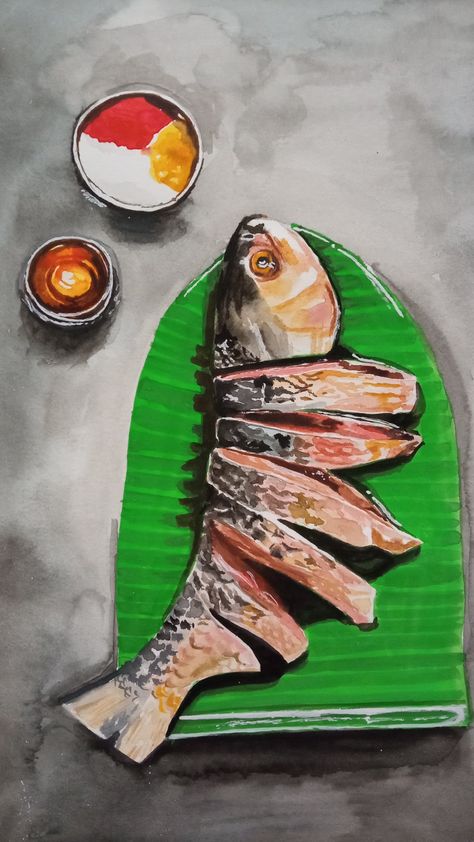 Realistic fish painting, watercolor drawing ideas, Cooked Fish Drawing, Fish Realistic Drawing, Fish Food Drawing, Tuna Fish Drawing, Realistic Fish Drawing, Realistic Food Painting, Pottery Painting Plate Ideas, Watercolor Drawing Ideas, Pottery Painting Plate