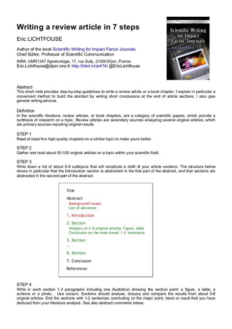 Writing a review article in 7 steps Eric LICHTFOUSE Author of the book Scientific Writing for Impact Factor Journals Chief... Review Article Writing, Article Review Sample, Book Publishing Logo, Writing Reviews, Scientific Writing, Literature Review, Academic Writing Services, Scientific Journal, Study Stuff