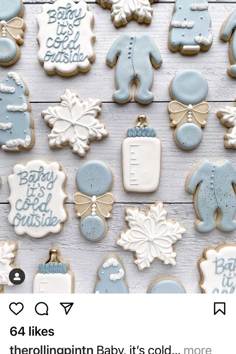 Baby It's Cold Outside Baby Shower Cookies, Winter Baby Shower Dessert Table, Winter Gender Reveal Cookies, Baby Its Cold Outside Baby Shower Ideas Blue, Winter Wonderland Theme Baby Shower Boy, Baby It’s Cold Outside Sugar Cookies, Winter Baby Shower Cookies For Boy, Blue Christmas Baby Shower Ideas, Winter Wonderland Baby Shower Ideas Centerpieces Table Decorations