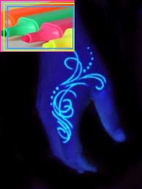 Use highlighter pens to create awesome blacklight body art! Blacklight Tattoo, Uv Ink Tattoos, Black Light Tattoo, Glow Tattoo, Uv Tattoo, Light Tattoo, White Ink Tattoo, Dark Tattoo, White Tattoo