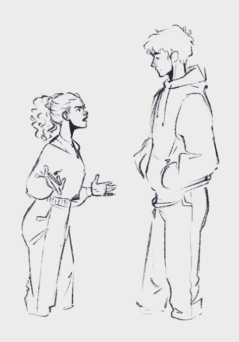 People Talking Art Reference, Two Person Art Poses, Drawing Tall People, Friend Pose Drawing Reference, 2 People Poses Drawing Reference Talking, Short And Tall Drawing Reference, Side Profile Hoodie Drawing, People Arguing Reference Drawing, Two People Yelling At Each Other Drawing