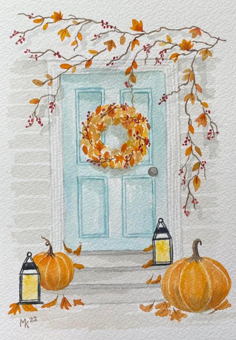 Autumn Drawing Watercolour, Fall Art Tutorials, Cute Fall Watercolor Paintings, Autumnal Watercolour Painting, Autumn Art Painting Watercolour, Halloween Water Coloring Ideas, Thanksgiving Watercolor Ideas, Autumn Watercolour Painting, Autumn Watercolor Art