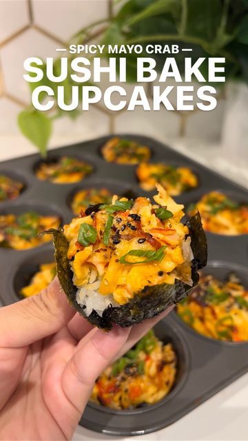 Mimi | Food + Travel on Instagram: "Spicy crab sushi bake cupcakes! These are a fun take on sushi bake casseroles. It is creamy, decadent, & the cupcakes make it perfect for sharing! Save this recipe for your next potluck with friends or family meal!   🫶 IB: @torminell’s salmon sushi muffins   INGREDIENTS (12 cupcakes): 1/2 lb imitation crab, shredded & cut 1/4 cup japanese mayo 1/4 cup cream cheese 1 tbs sriracha 3 seaweed sheets (nori) 2 cups rice, cooked drizzle japanese mayo drizzle srirach Sushi Muffin Tin, Shrimp Sushi Muffins, Cupcake Sushi Bake, Crab Sushi Cups, Sushi Muffin Cups, Salmon Muffin Cups, Baked Salmon Seaweed Cups, Sushi Bake Muffin Tin, Sushi Bake In Muffin Pan