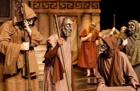 Greek theater costumes often associate with wearing masks with exaggerated expressions to get the audience to understand the character type. Ancient Greek Costumes, Ancient Greece History, Ancient Greek Clothing, Greek Chorus, Greek Plays, Ancient Greek Theatre, Greece History, Greek Theatre, Drama Masks