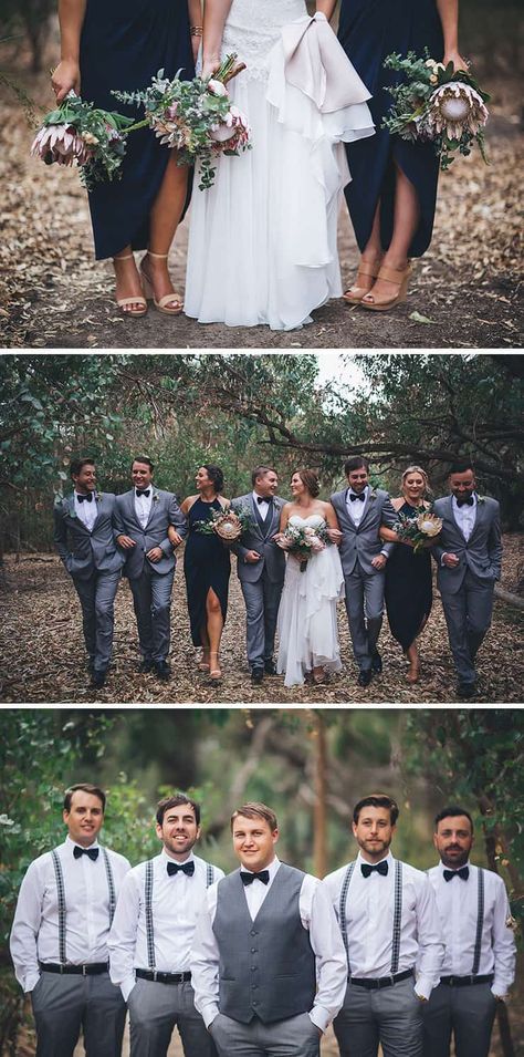 32 Bridal Party Outfit Ideas That Look Amazing Wedding Photography Poses Bridal Party, Wedding Planner Outfit, Wedding Suits Men Grey, Gray Groomsmen Suits, Bridal Party Groomsmen, Wedding Party Poses, Wedding Photography Bridal Party, Groomsmen Grey, Navy Bridesmaids