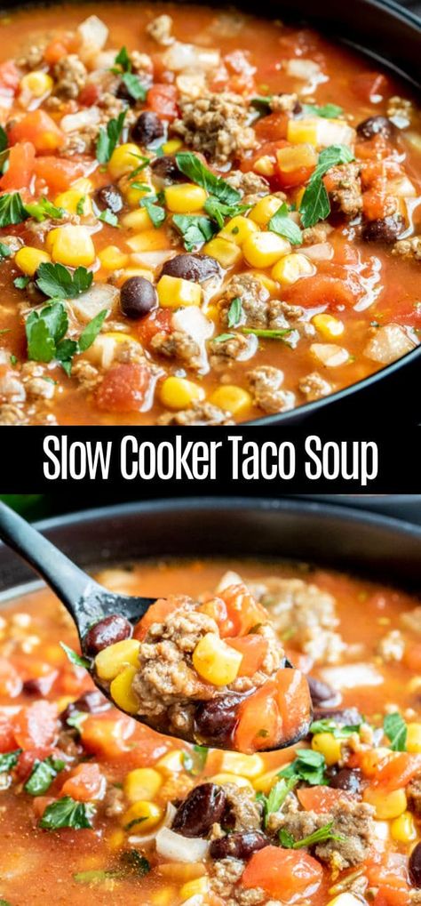 This slow cooker taco soup is one of the best comfort foods for the summer, fall, or winter. Loaded with ground beef, black beans, taco seasoning, and ranch dressing mix, topped with sour cream, and cheese, and scooped up on tortilla chips. This is the BEST Crock Pot taco soup. Serve it on game day or as an easy weeknight dinner for families. Crock Pot Taco Soup, Slow Cooker Taco Soup, Slow Cooker Taco, Taco Soup Crock Pot, Winter Meals, Crock Pot Tacos, Taco Soup Recipe, Pot Dinners, Slow Cooker Tacos