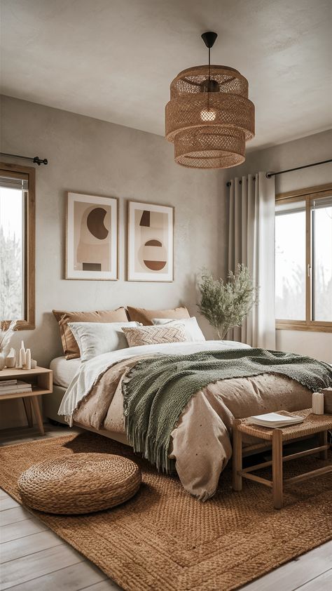 Moody Closet, Boho Home Ideas, Moody Bedroom Ideas, Natural Bedroom, Earthy Bedroom, Neutral Bedding, Light Grey Walls, Building House, Bedroom Master