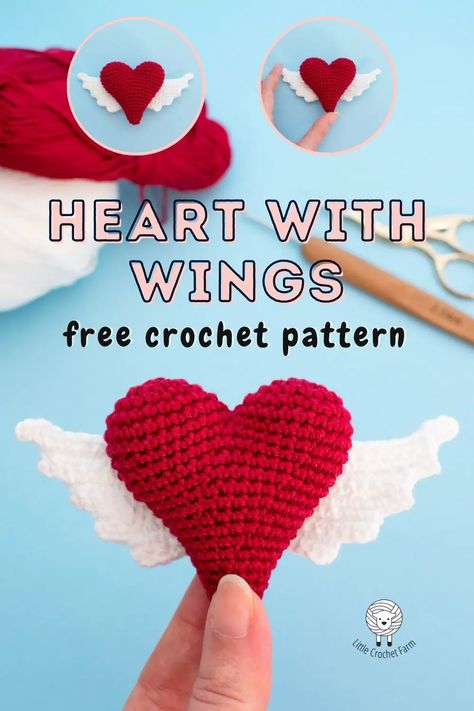 Heart with Wings amigurumi free pattern Crochet Small Toys Free Pattern, Angel Wing Keychain, Wings Tutorial, Crochet Valentine Patterns, Advanced Crochet, Valentines Patterns, Valentines Crochet, Valentine Projects, Heart With Wings