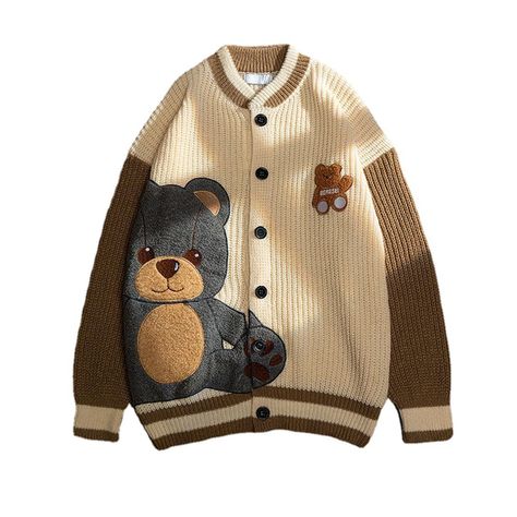 Y2k Couple, Bear Sweater, Varsity Sweater, Patchwork Cardigan, Embroidery Sweater, Mens Cardigan, Cute Bear, Knitted Cardigan, Winter 2024