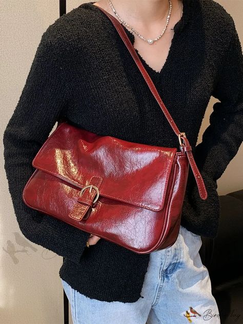 Bird in Bag - Leather Shoulder Bag with Decorative Buckle and Square Flap Mom Backpack, Casual Sling Bag, Handbag Sewing, Vintage Messenger Bag, Burgundy Bag, Red Leather Bag, Simple Tote, Paloma Wool, Nylon Handbag