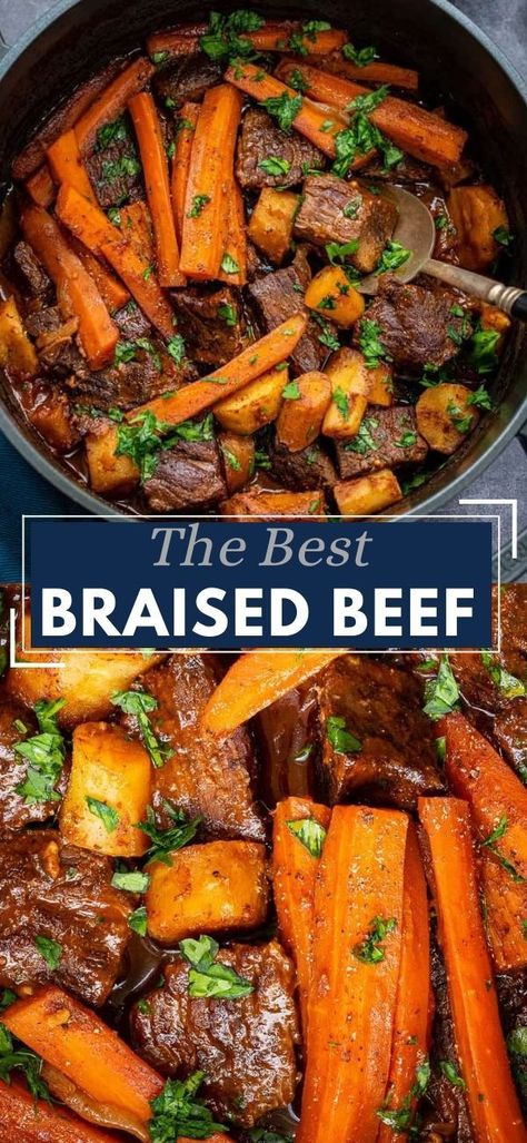 Slow Cooked Braised Beef, Beef And Carrots Crockpot, Dutch Oven Braised Beef, Slow Braised Beef, Braised Roast Beef, Roast Beef With Potatoes And Carrots, Braised Beef In Crock Pot, Best Braised Beef Recipe, Beef Braising Steak Recipes