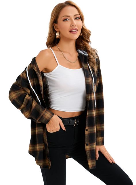 PRICES MAY VARY. Material:This shirt is made of 97% cotton and 3% spandex.Soft,warm,comfortable and durable.Provide you a pleasing wearing experience Feature:Flannel Fabric,Plaid Shirt,Cotton Hood,Long Sleeve,Button Down,Chest Pocket,Oversized Boyfriend Style,Loose fit,Cute Matching:This stylish shirt top can be paired with a variety of t-shirts inside,jeans, skirts, leggings,tights and ankle boots, classic style make you look fashionable, beautiful,stylish and cute Occasion:This fashion flannel Plaid Flannel Shirts, Fall Outfit With Boots, Vacation Shopping, Inexpensive Clothes, Simple Fall Outfits, Early Winter, Flannel Shirts, Outfit Inspiration Fall, Blouse Tops