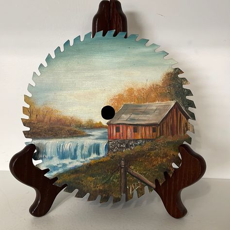 A Beautiful Hand Painted Saw Blade Of A Country Scene In The Fall 7.25 Inches ****Easel Not Included Gnth 050120232 Painted Round Saw Blades, Cowbell Painting Ideas, Old Saw Blades Ideas Paintings, Painting On Saw Blades, Painted Saw Blades Ideas, Saw Blade Painting, Saw Blade Art, Hand Saw Art Ideas, Sawblade Art