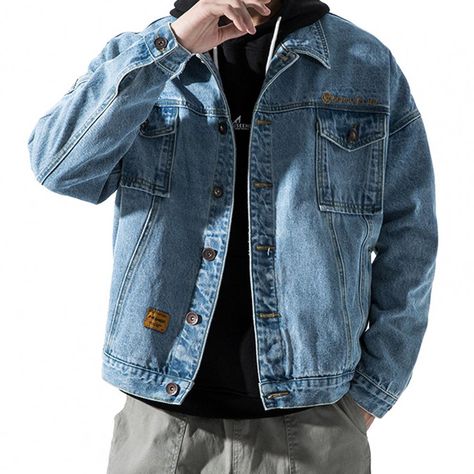 Casual Men Coat  Long Sleeve Super Soft Denim Jacket  Korean Style Single Breasted Jeans Coat Embroidered Coat, Workwear Jacket, Retro Men, Jeans Casual, Denim Jacket Men, Mens Fleece, Denim Coat, Blue Jacket, Outerwear Coats