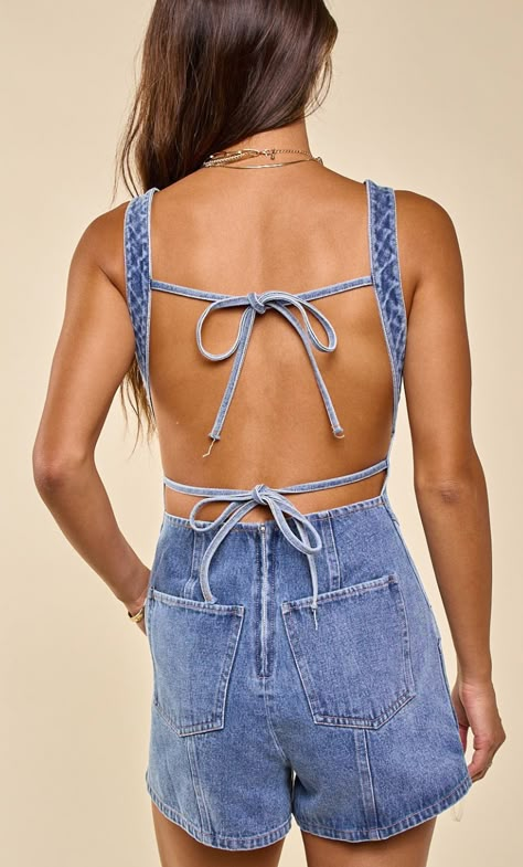 Open back jean romper ties in the back to adjust  100% cotton   model is 5"2 and wearing a size small Jean Romper, Concert Fits, Stitching Details, April May, Denim Romper, Gameday Outfit, Denim Details, Denim Jumpsuit, Denim Fabric