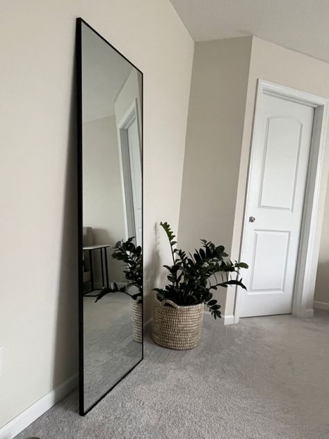 Modern master bedroom decor with @overstock leaning black trim mirror and @westelm basket planter with Zz plant. Masculine Bedroom Simple, Mirror For Boys Bedroom, Mens Bedroom Decor Masculine Interior, Black Room Ideas For Men, Male Room Decor, Male Bedroom Decor, Big Mirror In Bedroom, Black Room Ideas, Male Bedroom